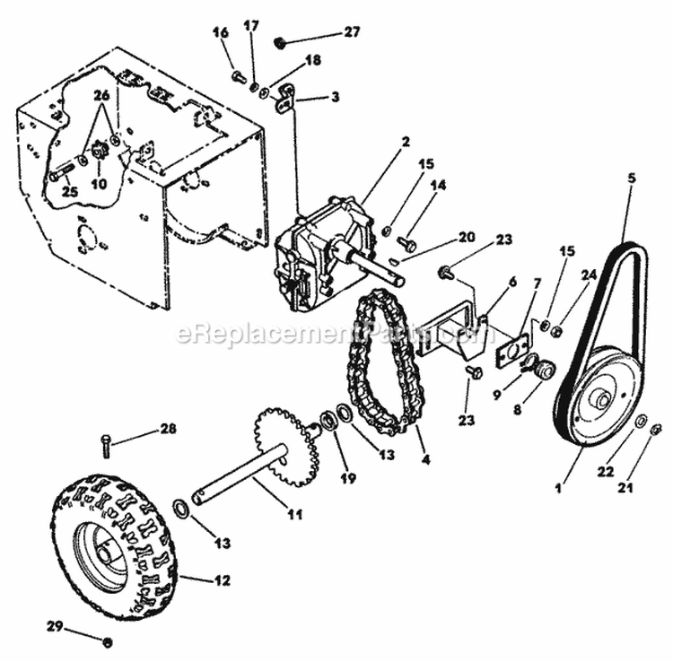 Wheel, Axle And Traction Drive Diagram and Parts List for 55384A J00000001-J99999999 - 1990 Lawn Boy Snow Blower